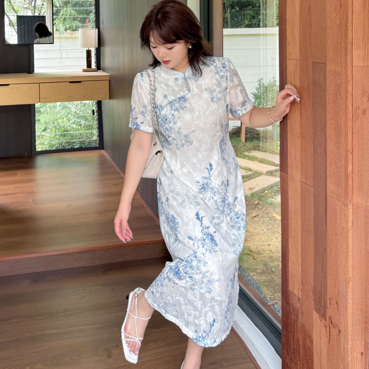 青花瓷大码中式小立领改良旗袍夏