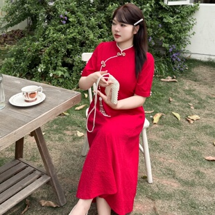 2025夏季大码珍珠流苏新娘敬酒服红色国风胖mm显瘦古典旗袍连衣裙