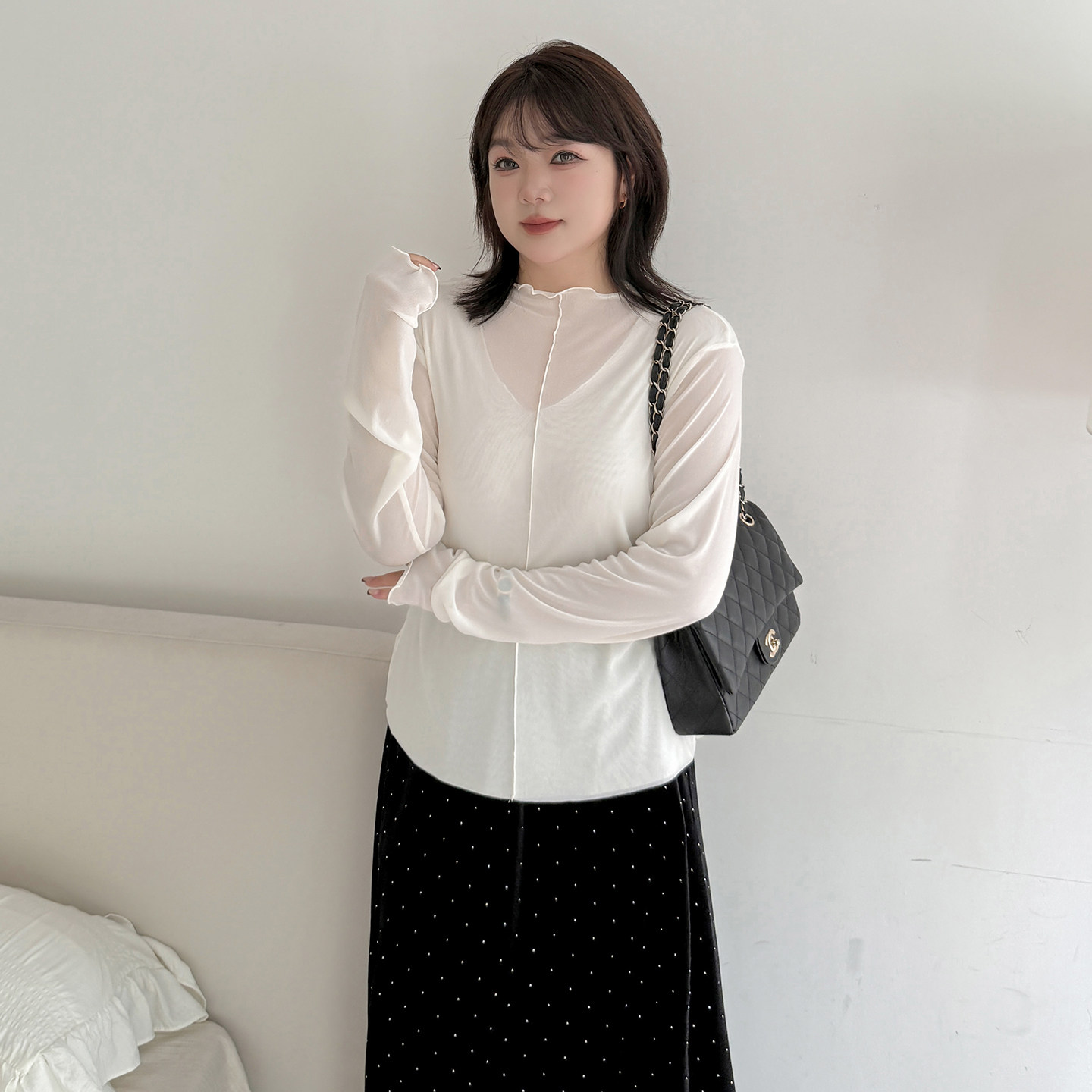 长袖网纱薄款半高领打底衫女2025早秋加大码黑色T恤套头内搭上衣