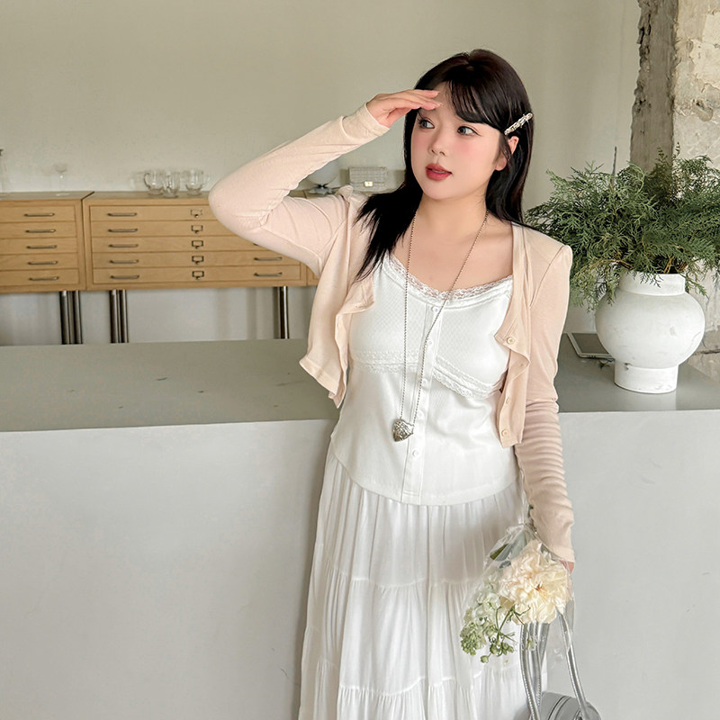 大码春季新款吊带甜美v领弧形下摆中长款蕾丝花边背心女胖mm内搭