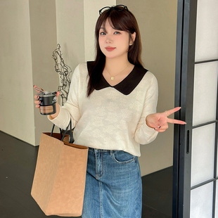 新款 撞色娃娃領(lǐng)上衣大碼 女2024秋季 設(shè)計(jì)感小眾長(zhǎng)袖 針織衫 毛衣提花
