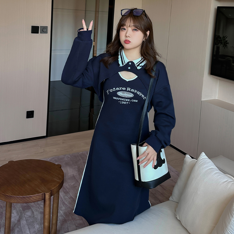 学院风大码套装裙女2022秋冬胖mm成套搭配小外衣+刺绣背心连衣裙