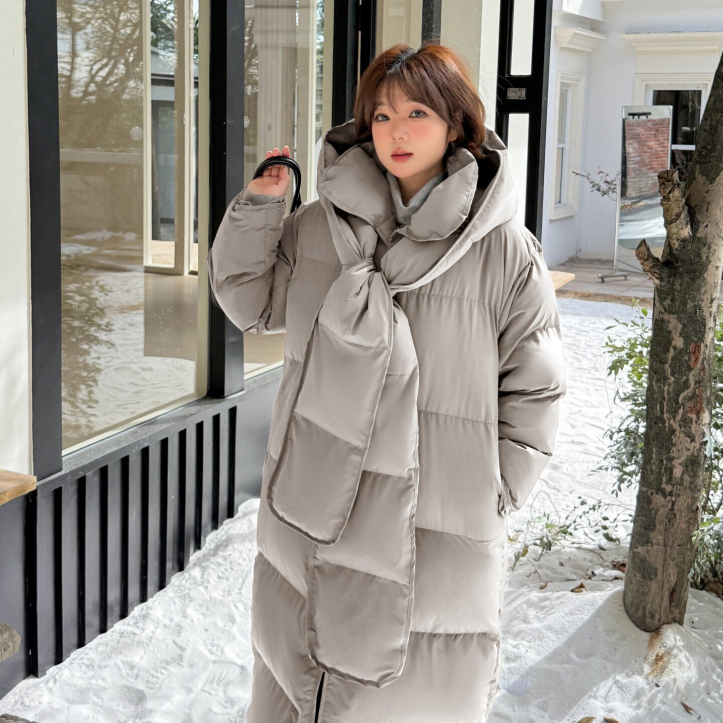 高个子加长款冬季新款棉服女特大码韩系慵懒风搭配围巾手塞棉棉衣
