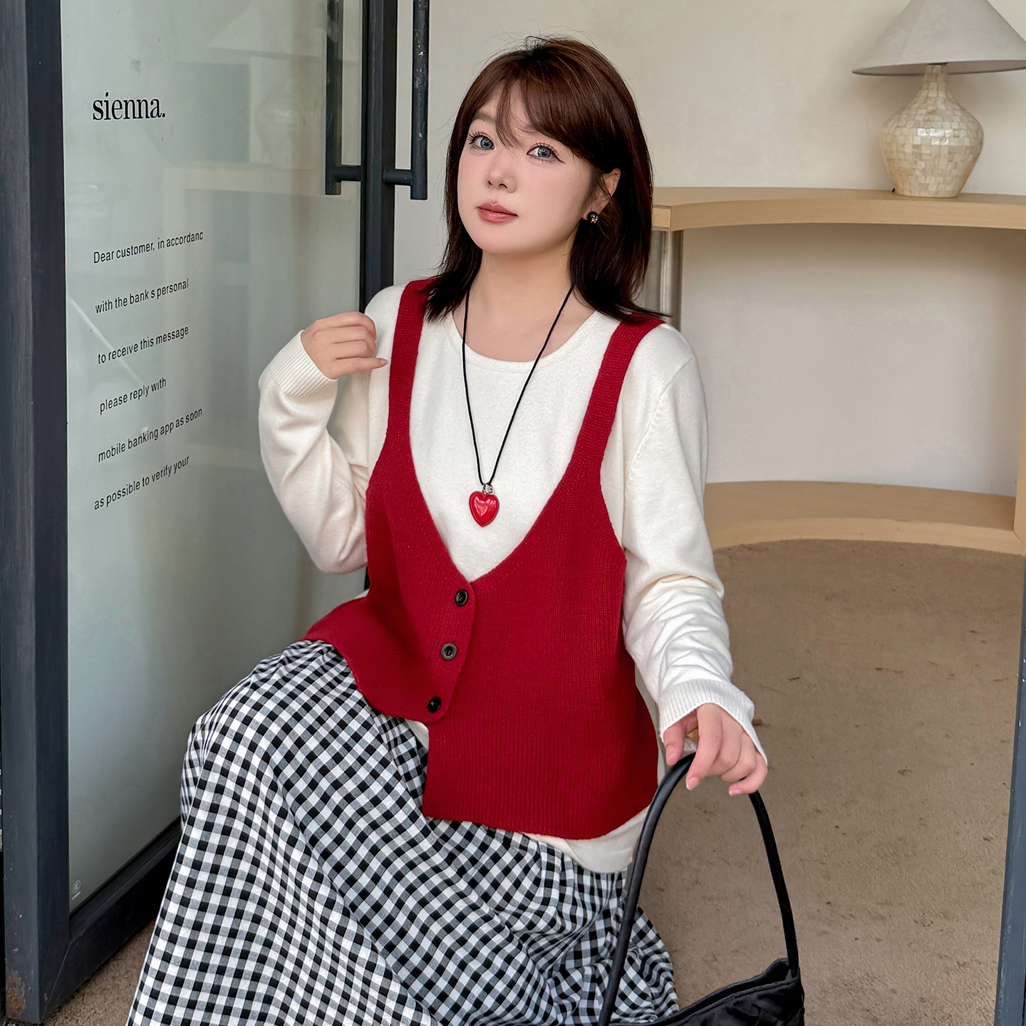 假两件大码撞色马夹式毛衣女秋冬