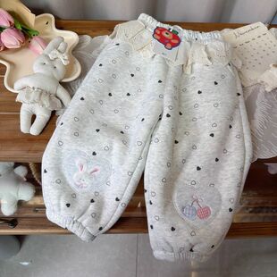 女童加绒加厚裤子秋冬装新款爱心波点花边女宝宝保暖休闲束脚卫裤