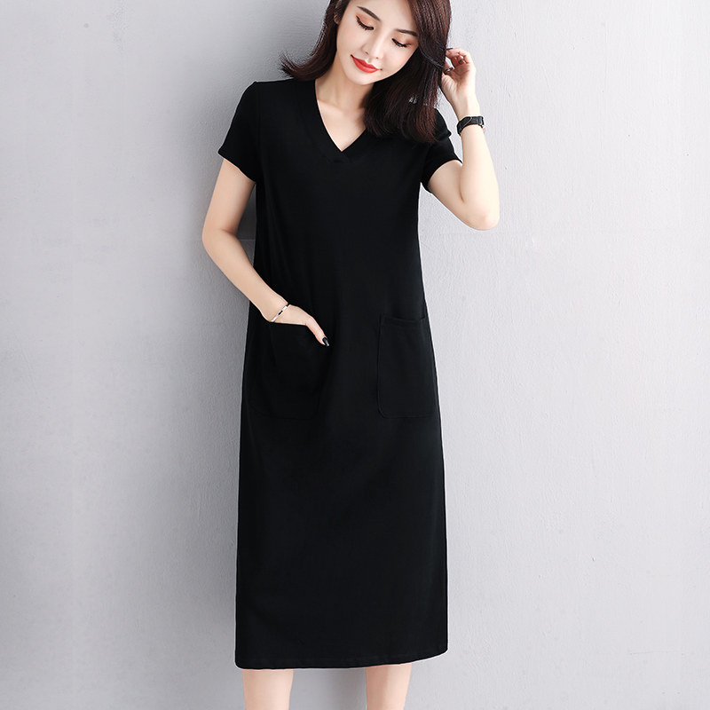 2022春夏季新款黑色连衣裙女中长款v领休闲宽松显瘦大码无袖裙子