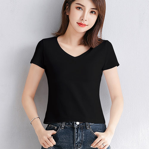 黑色修身精梳棉v领短袖t恤女短款