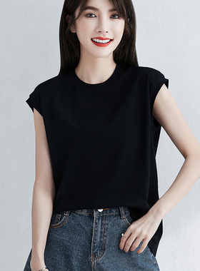 黑色宽松精梳棉小圆领无袖t恤女夏季新款纯色百搭外穿背心打底衫