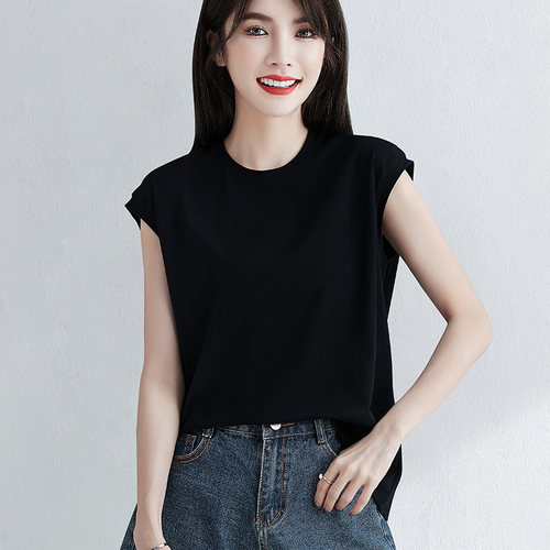 黑色宽松精梳棉圆领无袖t恤女夏