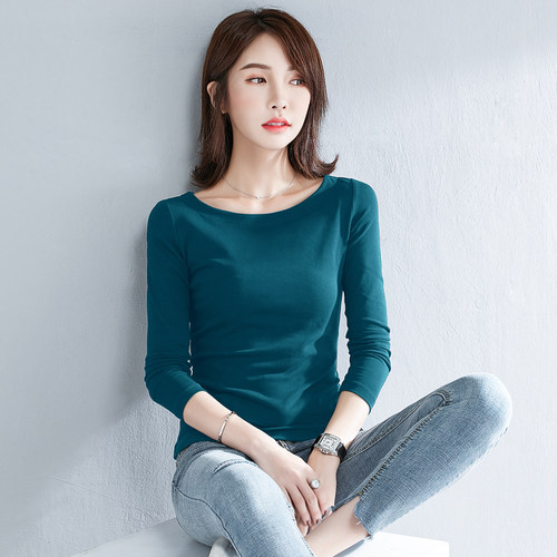 纯色修身半圆领长袖t恤打底衫女