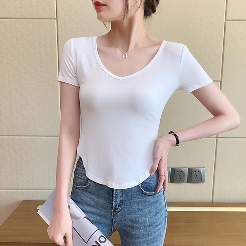 纯色修身不规则下摆莫代尔t恤女
