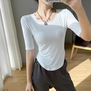 純色五分袖 白色修身 莫代爾圓領中袖 t恤女扇形下擺春夏新款 打底衫