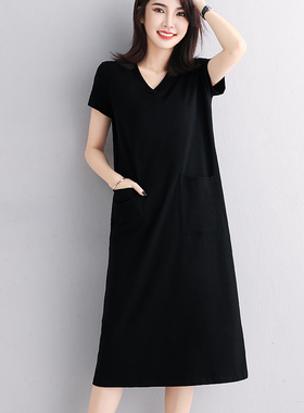黑色宽松V领短袖连衣裙女气质夏季休闲大码遮肚显瘦中长款裙子