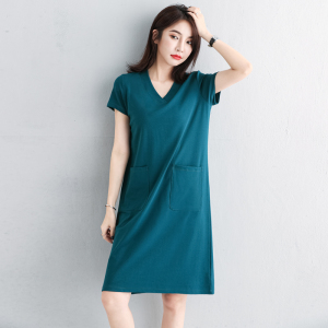 孔雀蓝v领短袖连衣裙女中长款夏季新款宽松大码显瘦胖mm打底裙子