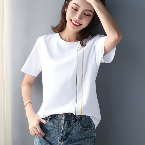 白色宽松圆领条纹短袖t恤女夏季