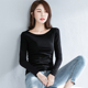 纯色外穿长袖 女上衣内搭春秋新款 t恤 罗纹棉一字领打底衫 黑色修身
