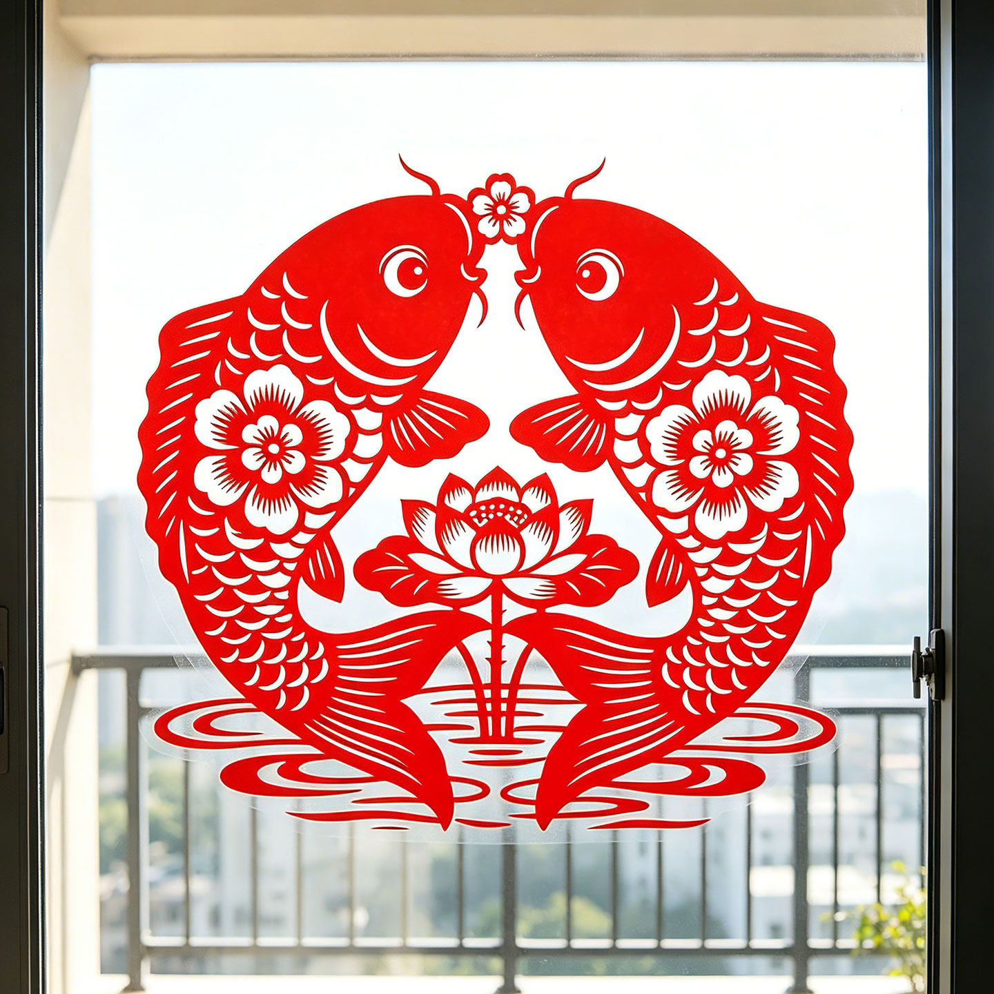 双鱼玻璃贴纸鱼窗花年年有余静电玻璃膜/贴