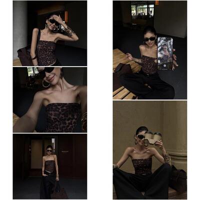 STYLMW璟子 复古豹纹网纱印花抹胸背心女新款性感辣妹修身上衣