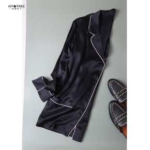 美国原!慵懒睡衣风撞色包边优雅小西装领加厚真丝软缎衬衫上衣A3