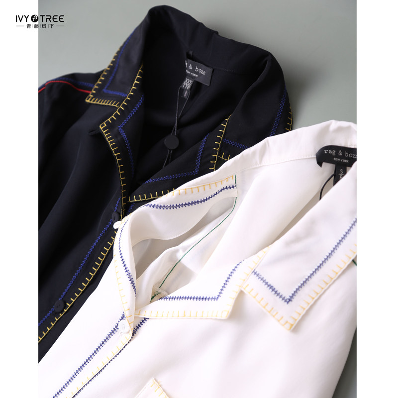 美国原！倾心推荐~撞色明线刺绣设计~二用领真丝软缎衬衫上衣K-4