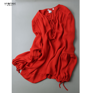 英国原~地道宫廷风！拼接灯笼袖~套头系带设计真丝衬衫上衣女A6