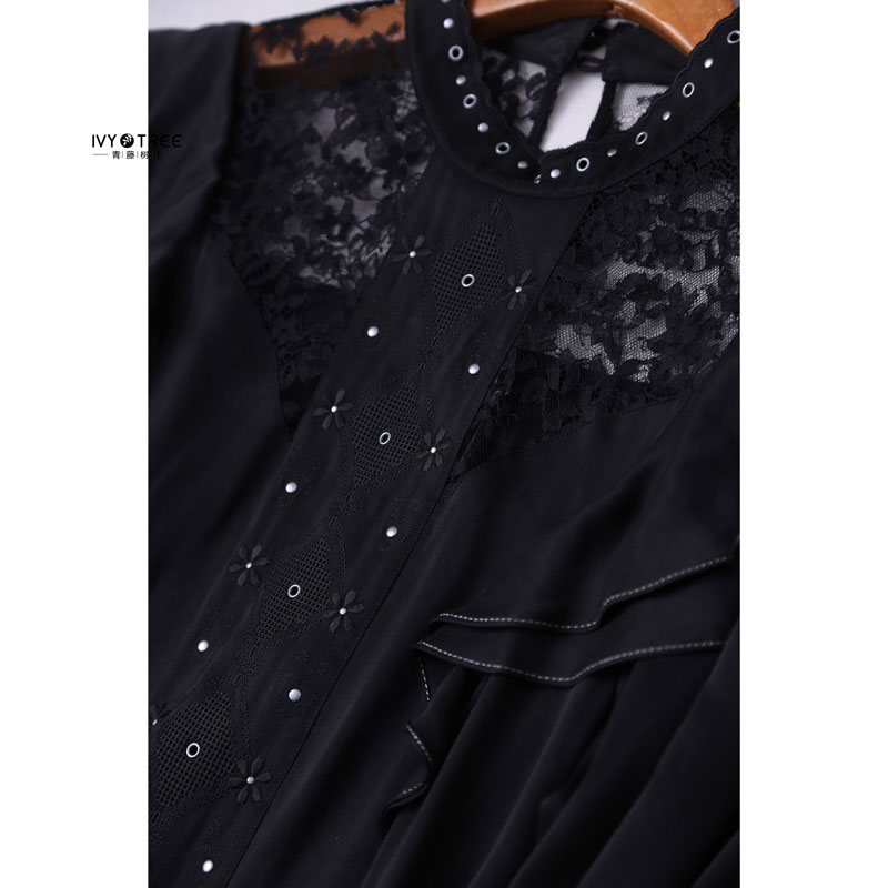 美国原！与众不同的光芒~重磅砂洗真丝刺绣拼接蕾丝长袖连衣裙C6