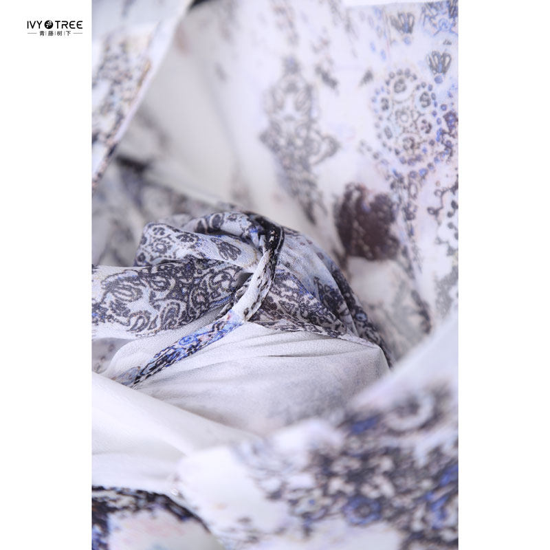 原dai~交叉围裹式七分袖袖口打结松紧高腰真丝乔其印花连衣裙女c8