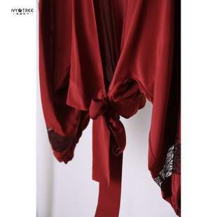 美国原！矜贵仙美！交叉围裹式蕾丝拼接蝙蝠灯笼袖真丝衬衫上衣A7