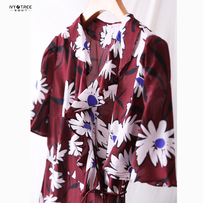法式系带印花真丝度假荷叶喇叭