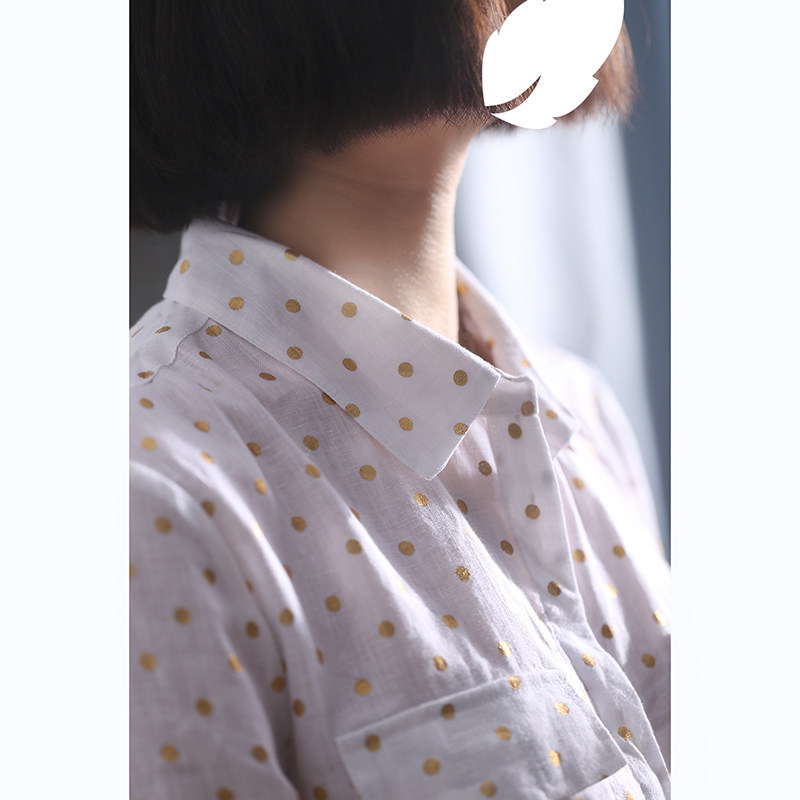 Y 美国原撞色波点印花长袖亚麻衬衫上衣欧美大码C2-4