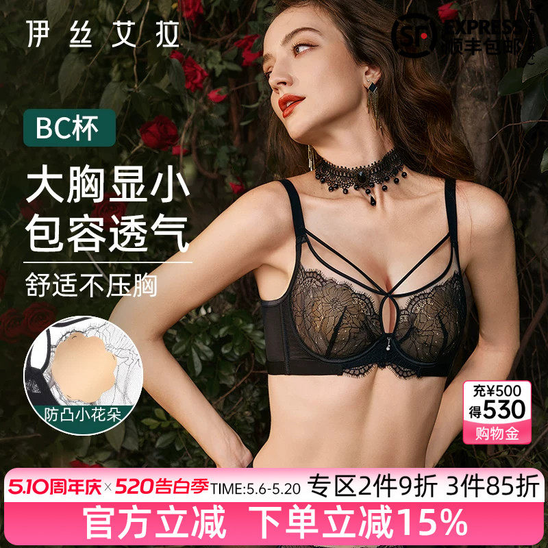 伊丝艾拉内衣女夏季薄款黑色蕾丝文胸大胸显小胸透气性感大码胸罩