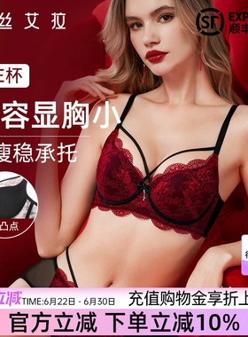 伊丝艾拉红色蕾丝文胸套装性感大胸显小胸防下垂收副乳聚拢内衣女