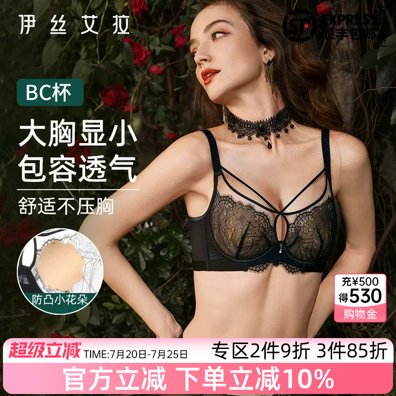 伊丝艾拉内衣女夏季薄款黑色蕾丝文胸大胸显小胸透气性感大码胸罩