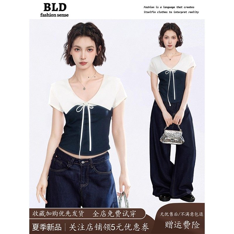 藏青色假两件大翻领短袖t恤女夏夏季短款修身正肩蝴蝶结拼接上衣,个性定制/设计服务/DIY,工作服定制,淘宝优惠券,粉丝福利购,淘宝优惠卷