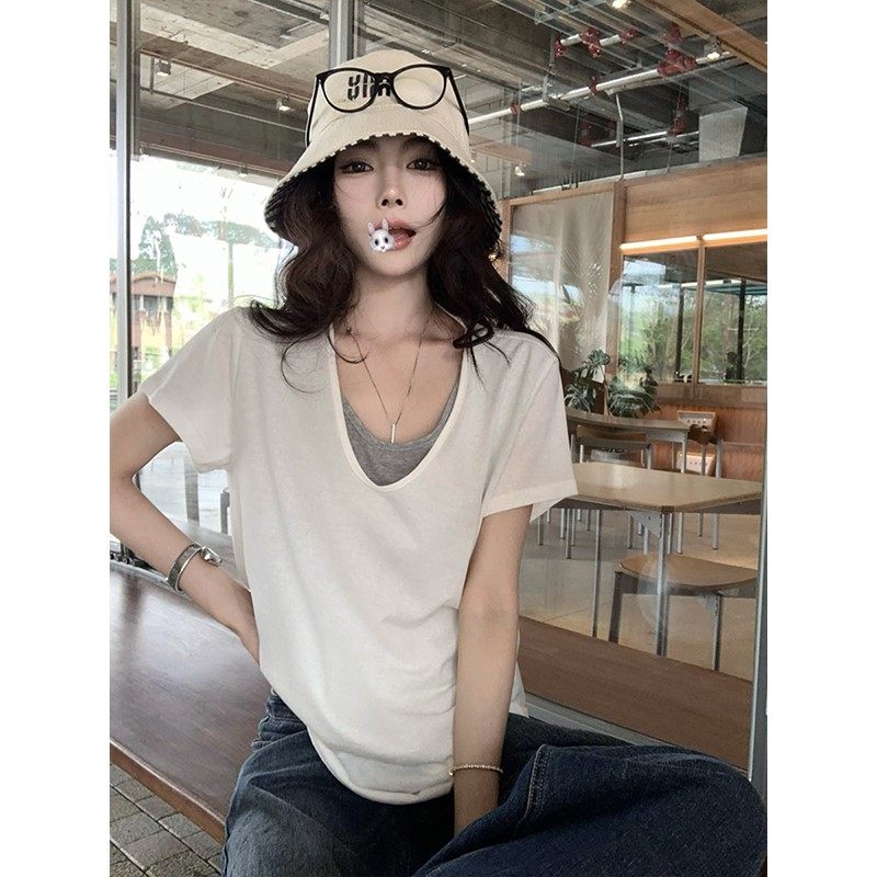 叠穿假两件白色短袖女v领正肩t恤2025夏宽松慵懒半袖体恤通勤上衣,个性定制/设计服务/DIY,工作服定制,淘宝优惠券,粉丝福利购,淘宝优惠卷