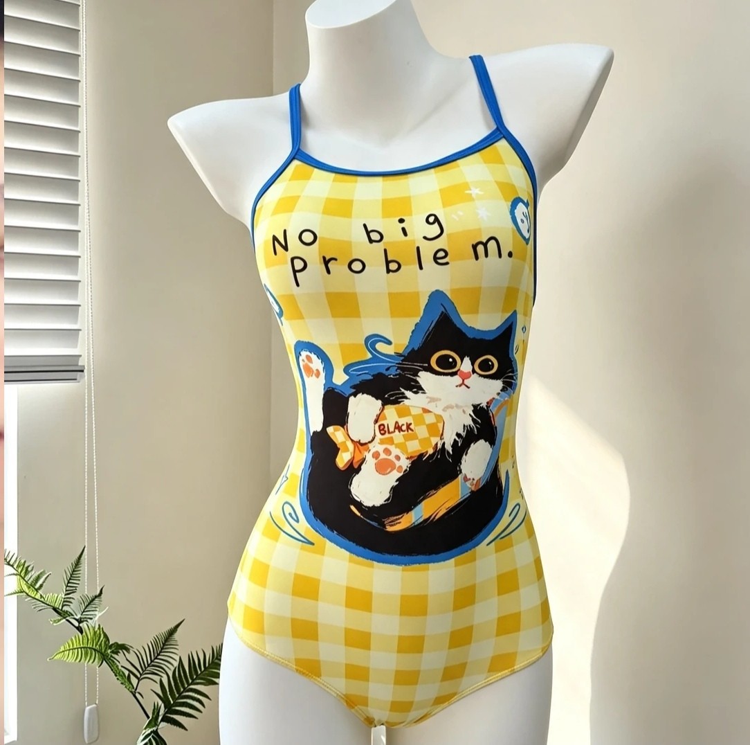 慵懒黑猫猫泳衣专业竞速泳衣女卡通连体低开叉大包臀游泳馆专用图片