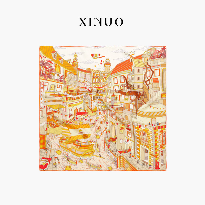 xinuosichou惜诺 狂欢小镇 桑蚕丝大方巾 设计感真丝披肩丝巾抹胸