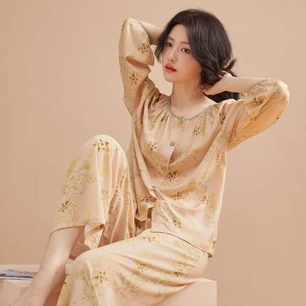 2025春夏新款睡衣女士长袖全人棉绸开衫套装国风印花甜美家居服薄