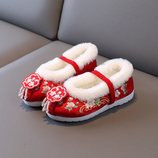 女童保暖冬季绣花鞋古装童鞋女宝宝加绒棉鞋汉服鞋儿童冬鞋新年鞋