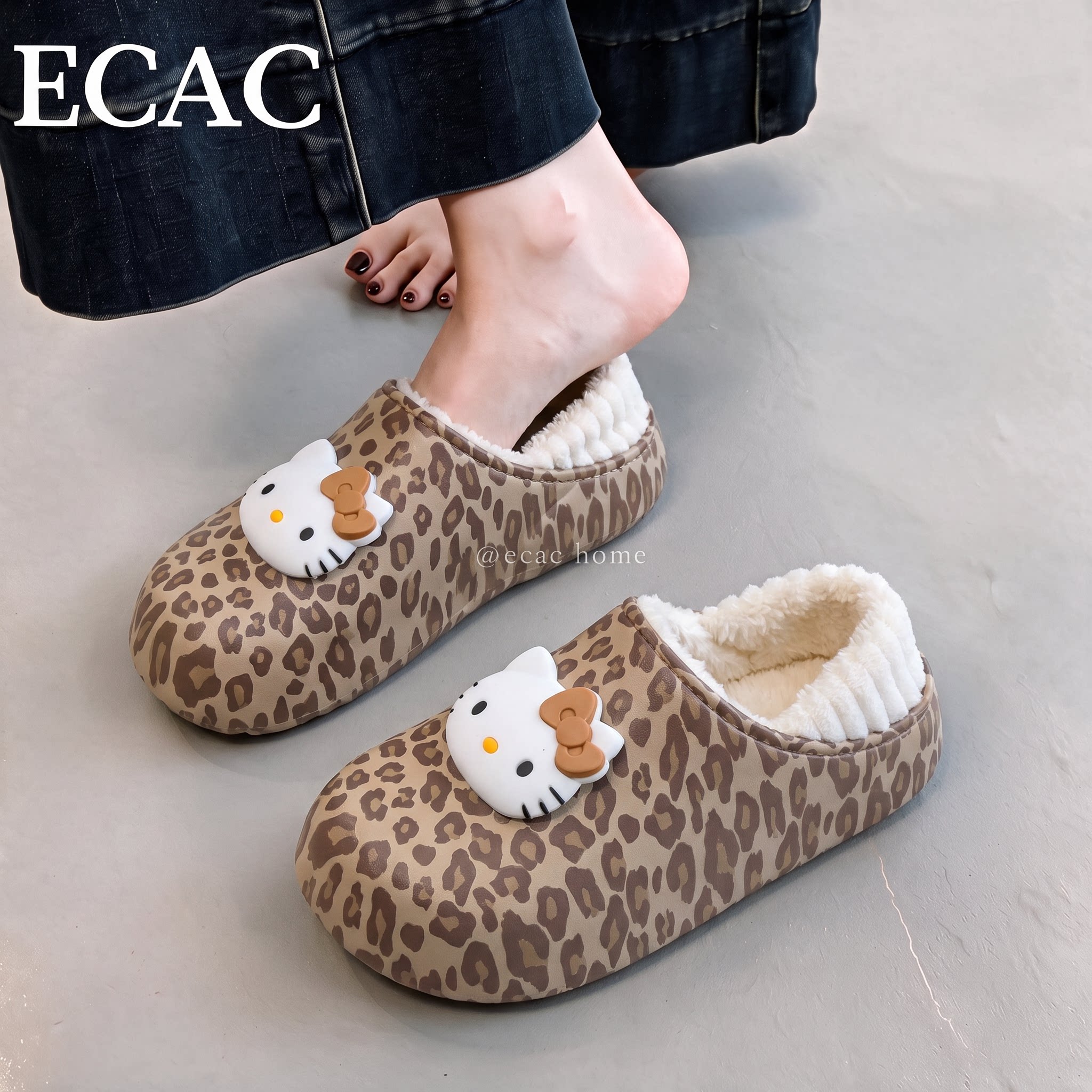 ECAC正版三丽鸥HelloKitty豹纹棉拖鞋女2026新款冬季防水包跟棉鞋