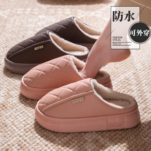 棉拖鞋女款2025新款冬季皮面可外穿防水防滑家居室内保暖拖鞋男士