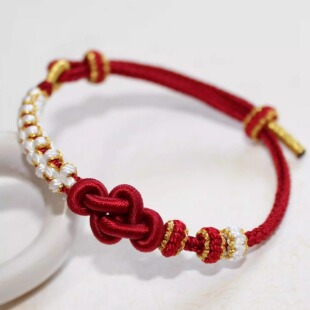 桃花如意结手绳可穿3D硬金通孔珠女小红书手工DIY红绳手链半成品