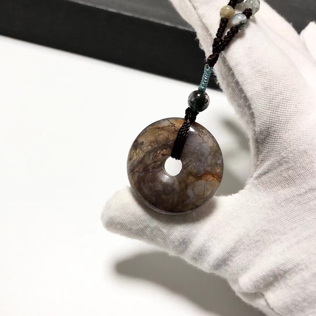 d35# 天然水草玛瑙平安扣吊坠 毛衣链24.5*6.5mm