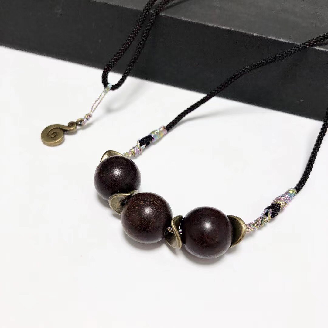 D316# 天然黑油沉香吊坠15mm*3颗 原创设计款手工编织锁骨链