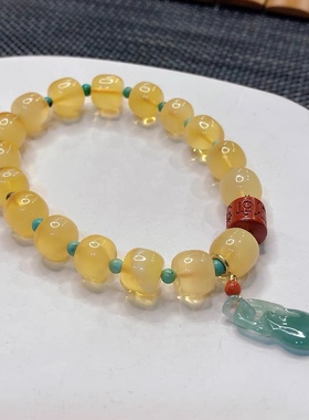 S353#天然老型珠半珀半蜜蜜蜡手链9mm配绿松朱砂回纹珠翡翠吊坠