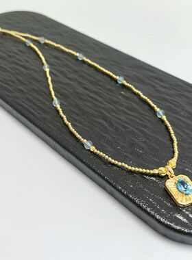 D1460# 通体S925纯银精工镶嵌托帕石彩色宝石吊坠 镀18K金珠项链