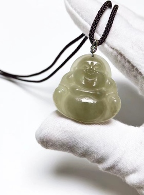 D599# 天然和田玉黄口料佛公吊坠锁骨链 28.8*28.5*5.9mm重7.64克