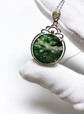 D581# S925纯银镀18k 白金精工镶嵌天然翡翠圆牌29*22*3.8mm