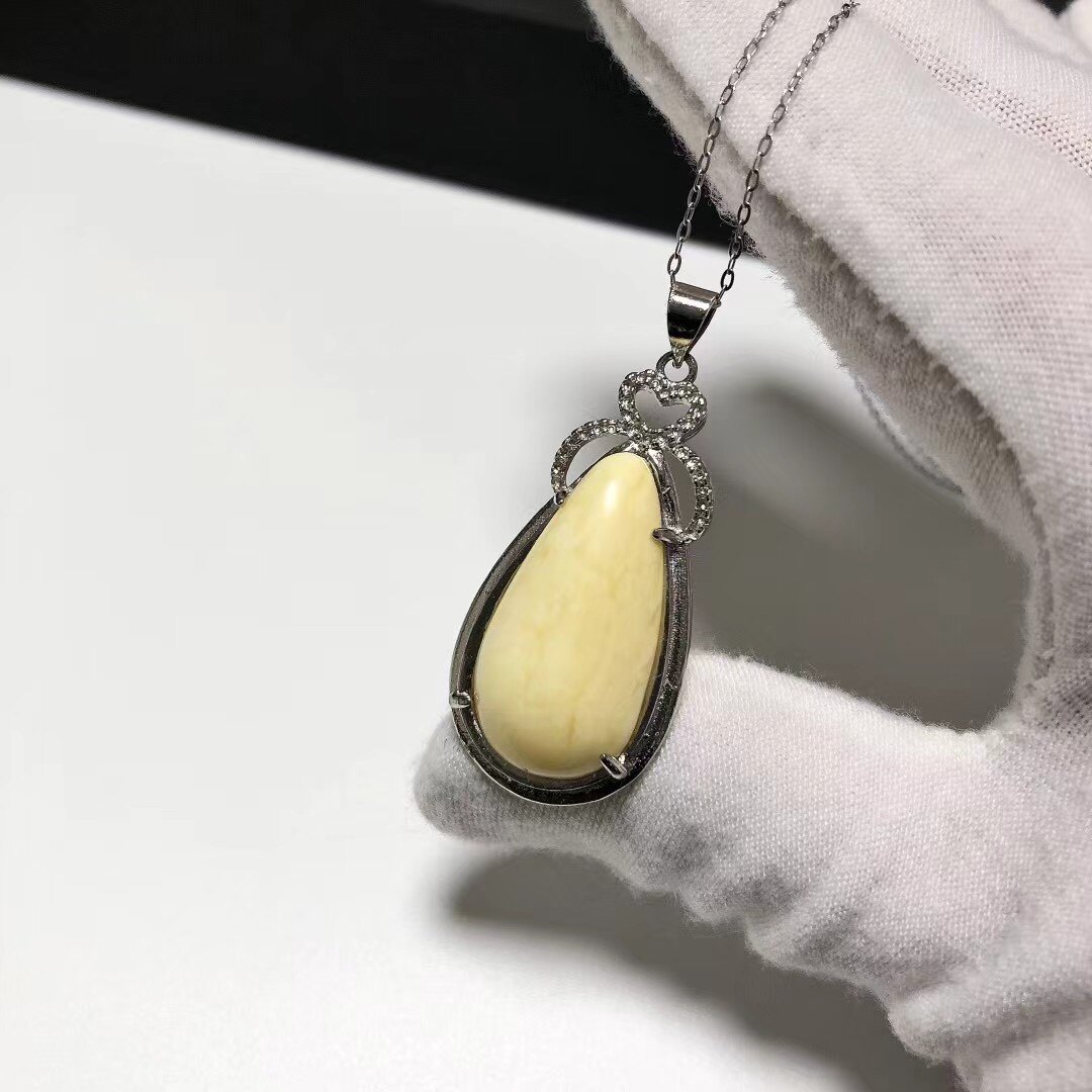 D210# 天然蜜蜡老矿白蜜水滴吊坠S925纯银镶嵌 蜜蜡25.5*13*6mm