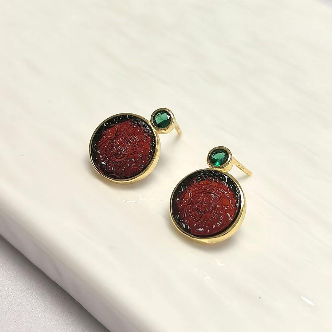 C43# S925纯银镀金镶嵌天然琥珀蜜蜡血珀扎基拉姆圆形耳钉